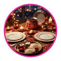 Romantic Karwa Chauth dinner setup with candlelight, flowers and elegant table decor